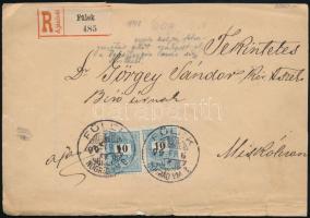 1899 Ajánlott levél 2 x 10kr bérmentesítéssel, "FÜLEK / NÓGRÁD VM." - "MISKOLCZ"