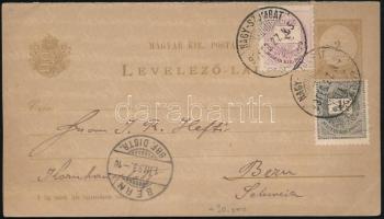 1893 Díjkiegészített, válaszszelvényes levelezőlap, "NAGY-SZOMBAT" - "BERN / BRF. DISTR."