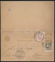 1893 Díjkiegészített, válaszszelvényes levelezőlap, "NAGY-SZOMBAT" - "BERN / BRF. DIS...