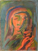 Benyó Ildikó - Penci (1946-2011): Portré pohárral, 1983. Olaj, vászon, jelzett, hátoldalán autográf felirattal és MNG kiviteli bélyegzővel, 65x50 cm. A művész rendkívül ritka, különleges színekben pompázó olajfestménye!