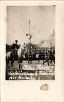 1940 Szatmárnémeti, Satu Mare; bevonulás, vitéz Nagybányai Horthy Miklós Magyarország kormányzója / entry of the Hungarian troops, regent Horthy, Hungarian flag. photo + "1940 SZATMÁRNÉMETI VISSZATÉRT" So. Stpl (fl)