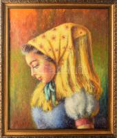 Jelzés nélkül: Menyecske népviseletben. Olaj, vászon, dekoratív fakeretben. 60x50 cm.