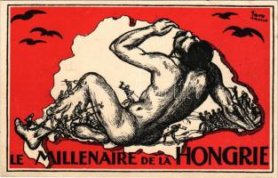 1920 Le Millenaire de la Hongrie. 896 óta élünk a Kárpátok medencéjében. Most akartok elevenen felkoncolni? Kiadja az Országos Propaganda Bizottság. Impr. Grafikai Intézet R.T. / Hungarian irredenta propaganda art postcard, Trianon s: Gara Arnold (EK)