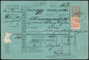 1875 Díjjegyes postautalvány 5kr díjkiegészítéssel, "SISAK"