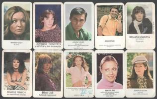 1977-1983 Színészeket, színésznőket ábrázoló kártyanaptárak (Juhász Jácint, Udvaros Dorottya, Básti Juli, stb.), 10 db, változó állapotban