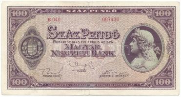 1945. 100P "E 040 007436", "BÜNTETÉS" szónál "N" felett NINCS lemezhiba! T:F, pici szakadás Adamo P18