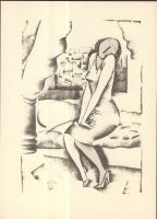 Molnár-C. Pál (1894-1981) ofszetnyomata egy ásító hölgyről 29,5 x 21cm-es méretben
