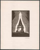 Gáborjáni Szabó Kálmán: Miskolc, Avasi torony (XIV. sz.). Fametszet, papír, jelzett a metszeten. A magyar kultúra tűzhelyei c. mappából (Budapest, 1935, Magyar Kulturális Egyesületek Szövetsége). 15x10 cm.