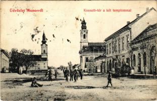 1908 Monor, Kossuth tér a két templommal. W.L. 384. (fl)