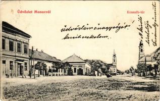 1908 Monor, Kossuth tér, templomok, üzletek. W.L. 385. (EK)