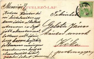 1908 Monor, Kossuth tér, templomok, üzletek. W.L. 385. (EK)