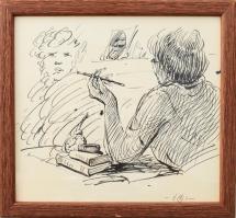 Éri Jenő Tamás (1958-): Jelenet (cím nélkül). Tus, papír, jelzett, üvegezett fakeretben. 16x18 cm