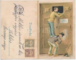 1902 Gusti, bitte eintreten ohne zu läuten / folding love humour art postcard. litho (hajtásnál kopott / worn at fold)