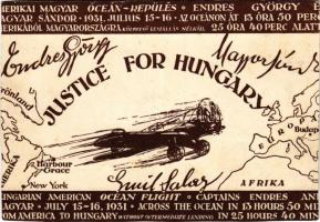 Justice for Hungary, Endresz György és Wilczek Sándor Amerikai-Magyar óceánrepülése. Hátoldalán Endres György aláírása (?). Kiadja a Magyar Nemzeti Szövetség, Hornyánszky V. R. T. / American-Hungarian transatlantic flight, irredenta (vágott / cut)