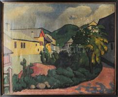 Tscharner János / Tscharner, Johann Wilhelm von (1886-1946): Kisvárosi utca (Felsőbánya vagy Nagybánya), 1911. Olaj, vászon, jelezve jobbra lent: J. v. Tscharner 911. Hátoldalán korabeli "Kisvárosi utca" és "200 K" (Korona) feliratokkal. Felületi sérülésekkel, kopásokkal. Fakeretben. 60x75 cm. Tscharner Lembergben született, nagyapja Svájcból vándorolt ki a mai ukrán városba. Tscharner filozófiai tanulmányokat kezdett Krakkóban, majd azt feladva Hollósy Simon tanítványa lett Münchenben 1907-ben. Nagybányán és Felsőbányán képezte magát tovább 1907 és 1914 között, a téli időszakokban Párizsban Matisse tanítványa volt, később Svájcban élt. Az aukción szereplő festményünk 1911-ben készült és stílusában, expresszív színvilágával a fauve festők és a nagybányai neósok, elsősorban Ziffer Sándor műveivel állítható párhuzamba. Feszes kompozíciója és összefoglaló festésmódja alapján megállapítható, hogy Tscharner az 1910-es évek elejére már növendék tudását és státuszát meghaladva, egy érett, biztos kezű művésszé vált. E mellett szól az is, hogy az 1911-ben megalakult Nagybányai Festők Társasága törzstagjai közt szerepelt. Ezen festmény felbukkanása egy ritka alkalom a nagybányai és a modern magyar magyar festészet gyűjtői számára: Tudomásunk szerint Magyarországon az utóbbi 30 évben egyszer szerepelt Tscharner alkotás aukción. Nagybányai korszakából rendkívül kevés festmény ismert, becses gyűjtői ritkaság!/ Tscharner, Johann Wilhelm von (1886-1946, born in Lemberg, now Ukraine, with Swiss ancestors): Street (Baia Sprie or Baia Mare), 1911. Oil on canvas, signed lower right: J. v. Tscharner 911. With surface damages. Framed. 60x75 cm. Very rare painting from the modern era period of painting in Baia Mare!