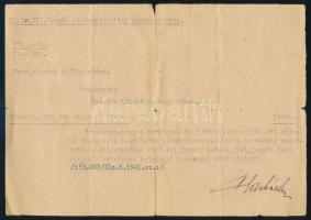 1941 Miskolc, M. kir. VII. honvéd gk. vonatosztály parancsnokság értesítése tartalékos hadnagyi kinevezésről, aláírással