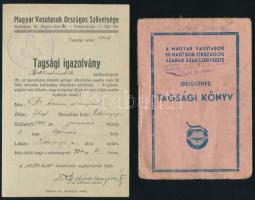 cca 1935 Magyar Vasutasok Országos Szövetsége tagsági igazolvány Ádám Menyhért részére + 1948-1950 A Magyar Vasutasok és Hajósok Országos Szabad Szakszervezete ideiglenes tagsági könyve, bélyegekkel