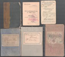 1917-1945 Vegyes régi okmányok: munkásigazolvány, szolgálati cselédkönyv, cserkészigazolvány (hiányos), stb., összesen 6 db, változó állapotban