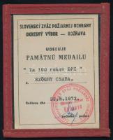 1973 Rožňava (Rozsnyó), Slovenský zväz požiarnej ochrany okresný výbor (szlovák tűzvédelmi szövetség) igazolványa emlékérem adományozásáról, magyar személy részére