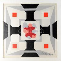 F.A. jelzéssel, kétoldalas mű: Geometrikus formák, 1991. Olaj, műanyag háló. Kissé sérült. Fakeretben. 72,5x72,5 cm.