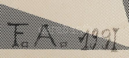 F.A. jelzéssel, kétoldalas mű: Geometrikus formák, 1991. Olaj, műanyag háló. Kissé sérült. Fakeretbe...