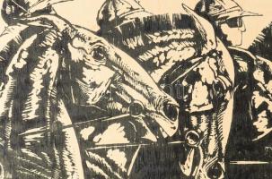 Jelzés nélkül: Lóverseny. Szitanyomat. Fa. 54x66 cm