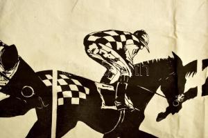 Jelzés nélkül: Lóverseny. Szitanyomat. Vászon. Vakráma nélkül. 60x170 cm