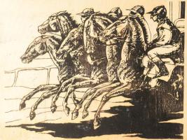 Jelzés nélkül: Lóverseny. Szitanyomat. Fa. 27x36 cm.