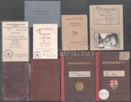 cca 1950-1970 Vegyes okmány tétel: MDP Falujáró igazolvány, Felszabadulási Jubileumi Emlékérem kitüntetés igazolvány, tanácstagsági igazolvány, munkakönyvek, stb., összesen 8 db, változó állapotban