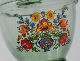 Zöldes hutaüveg kancsóváza, jelzés nélkül, hibátlan, m: 20,5 cm