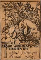 1916 Frohe Weihnachten! Sibirien 1916 / Pour les prisonniers de guerre / Első világháborús orosz hadifogoly levelezőlap, karácsonyi üdvözlet, Magyarországra küldve / WWI K.u.K. military, POW (prisoner of war) field postcard sent to Hungary from Russia, Christmas greetings (EB)