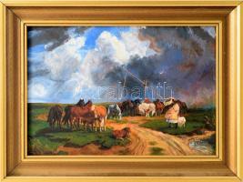 Jelzés nélkül: Lovak a viharban. Olaj, farost. 21×28,5 cm.