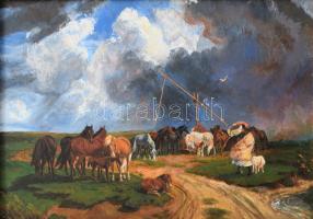 Jelzés nélkül: Lovak a viharban. Olaj, farost. 21×28,5 cm