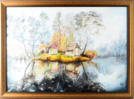 Olvashatatlan jelzéssel: A béke szigete. Akril, vászon. 50×70 cm. Dekoratív keretben.