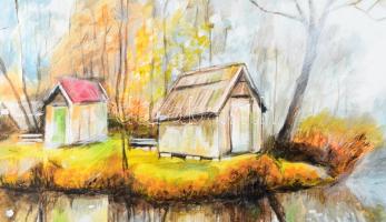 Olvashatatlan jelzéssel: A béke szigete. Akril, vászon. 50×70 cm. Dekoratív keretben