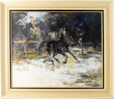 Sáska Tibor (1950-): Száguldó paripa. Olaj, vászon, kartonon. Jelzett. Dekoratív fakeretben. 50x60 cm