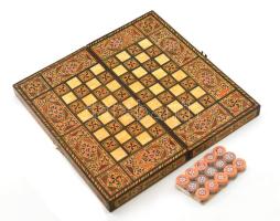 Gazdag csont- és kagylóhéj intarziás keleti ostábla / sakktábla, jó állapotban, 30x30 cm