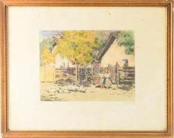 Csillag József (1894-1977): Falu. Színezett rézkarc, papír, jelzett, üvegezett fakeretben, lapszéli apró foltokkal, 22,5×29,5 cm