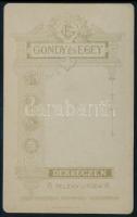 cca 1880 Elegáns fiatal lány portréja, vizitkártya Gondy és Egey debreceni műterméből, 10,5x6,5 cm