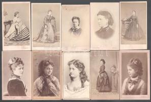 cca 1860-1875 Női portrék, 10 db vizitkártya különféle műtermekből (közte Mihály József, Eger; Borsos és Varságh, Bp.; Letzter, Kassa; stb.), változó állapotban