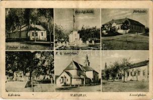Madaras, Újtelepi iskola, Országzászló, Plébánia, Kálvária, Római katolikus templom, Községháza (fl)