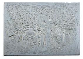 Tavaszy Noémi (1927-2018): Zenélő társaság. Fém nyomódúc-klisé. Jelzés nélkül. 8,5x12 cm.