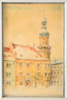 Storno Gábor (1900-1980): Soproni részlet a Tűztoronnyal, 1961. Akvarell, papír. Jelzett. 34x22 cm. Üvegezett fakeretben