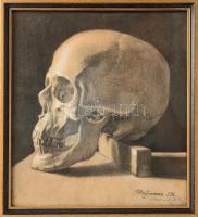 Reissmann Károly Miksa (1856-1917): Koponya (tanulmány), 1882. Szén, papír, jelzett, hátoldalán Barabás Ilona, a festőművész lánya feliratával. 25x23 cm. Üvegezett fakeretben.