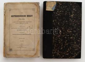 2 db az Osztrák-Magyar Monarchia pénzügyeivel foglalkozó kötet: [Karl von Czoernig-Czernhausen] Carl Freiherr von Czoernig: Systematische Darstellung des Oesterreichischen Budgets für 1862. Herausgegeben von der k. k. Direction der administrativen Statistik. Wien, 1862, Prandel &amp; Meyer, 3 sztl. lev.+ 110+(2) p. Német nyelven. Kartonált papírkötésben, sérült, foltos borítóval, intézményi bélyegzőkkel, nagyrészt felvágatlan. + Oesterreichisches statistisches Handbuch für die im Reichsrathe vertretenen Königreiche und Länder. Herausgegeben von der k. k. Statistischen Central-Commission. Wien, 1888, K. K. Statistischen Central-Commission, 2 sztl. lev.+ 275+(1) p. Német nyelven. Félvászon-kötésben, intézményi bélyegzővel.