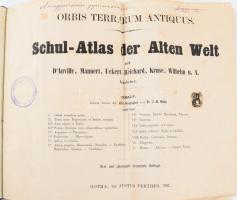 Orbis Terrarum Antiquus. Schul-atlas der Alten Welt nach D'Anville, Mannert, Uckert, Reichard, Kruse, Wilhelm u. A. bearbeitet. Gotha, 1852, Justhus Perthes, 2+14 p. + 15 t. Német nyelven. Teljes! Német nyelven. Korabeli félvászon-kötés, kopott borítóval, aláhúzásokkal és bejelölésekkel, bejegyzésekkel, régi könyvtári példány.
