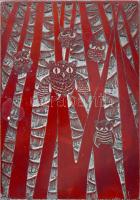 Tavaszy Noémi (1927-2018): Téli erdő (Fenyőerdő, baglyakkal). Fém nyomódúc-klisé. Jelzett a dúcon. Tavaszy Noémi autográf feliratával ellátott papírba csomagolva. 12x8,5 cm.