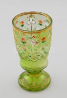 Szecessziós talpas pohár, zölden pácolt, zománcfestett, kopással, m: 18 cm