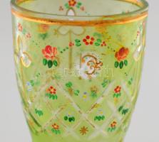Szecessziós talpas pohár, zölden pácolt, zománcfestett, kopással, m: 18 cm