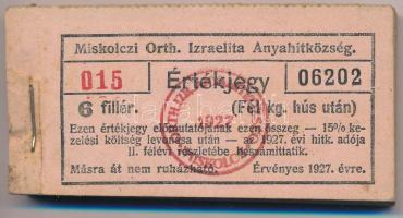 1927. Miskolc 6f "Miskolczi Orth. Izraelita Anyahitközség" értékjegye 1/2 kilogramm hús után (98x) közel teljes tömb "015 06202 - 015 06300" között T:AU,XF